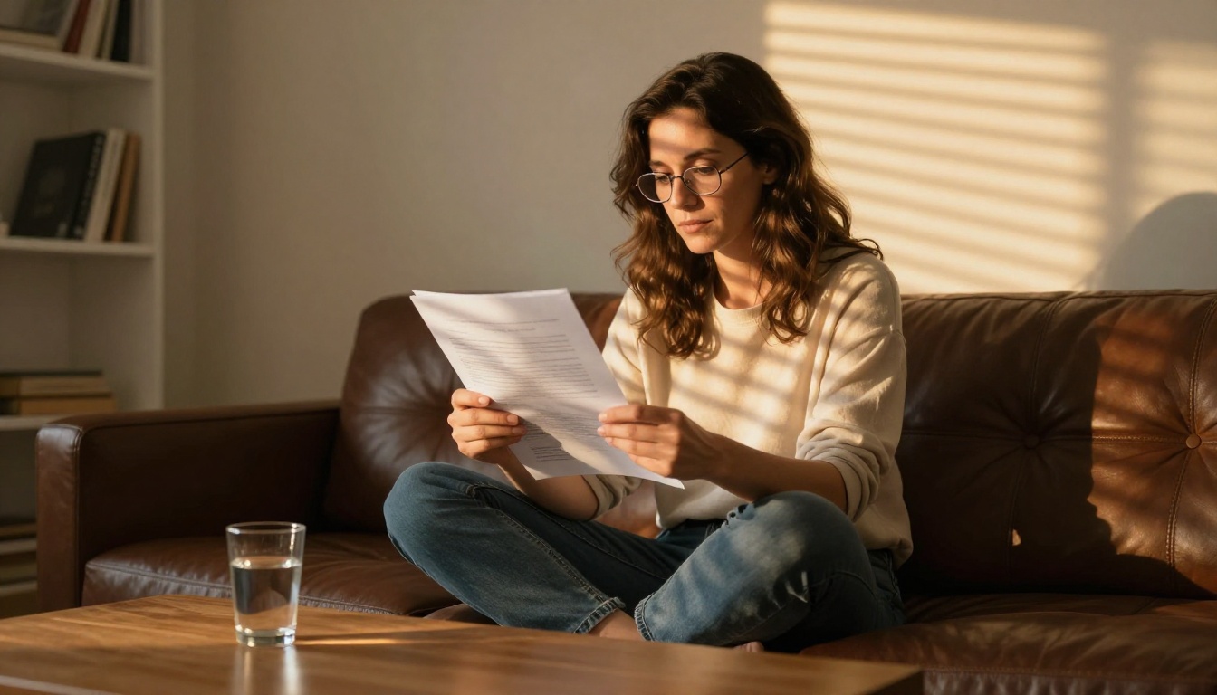Woman sitting cross-legged on leather couch reading a long printed report in warm venetian-blind afternoon light Woman sitting cross-legged on leather couch reading a long printed report in warm venetian-blind afternoon light