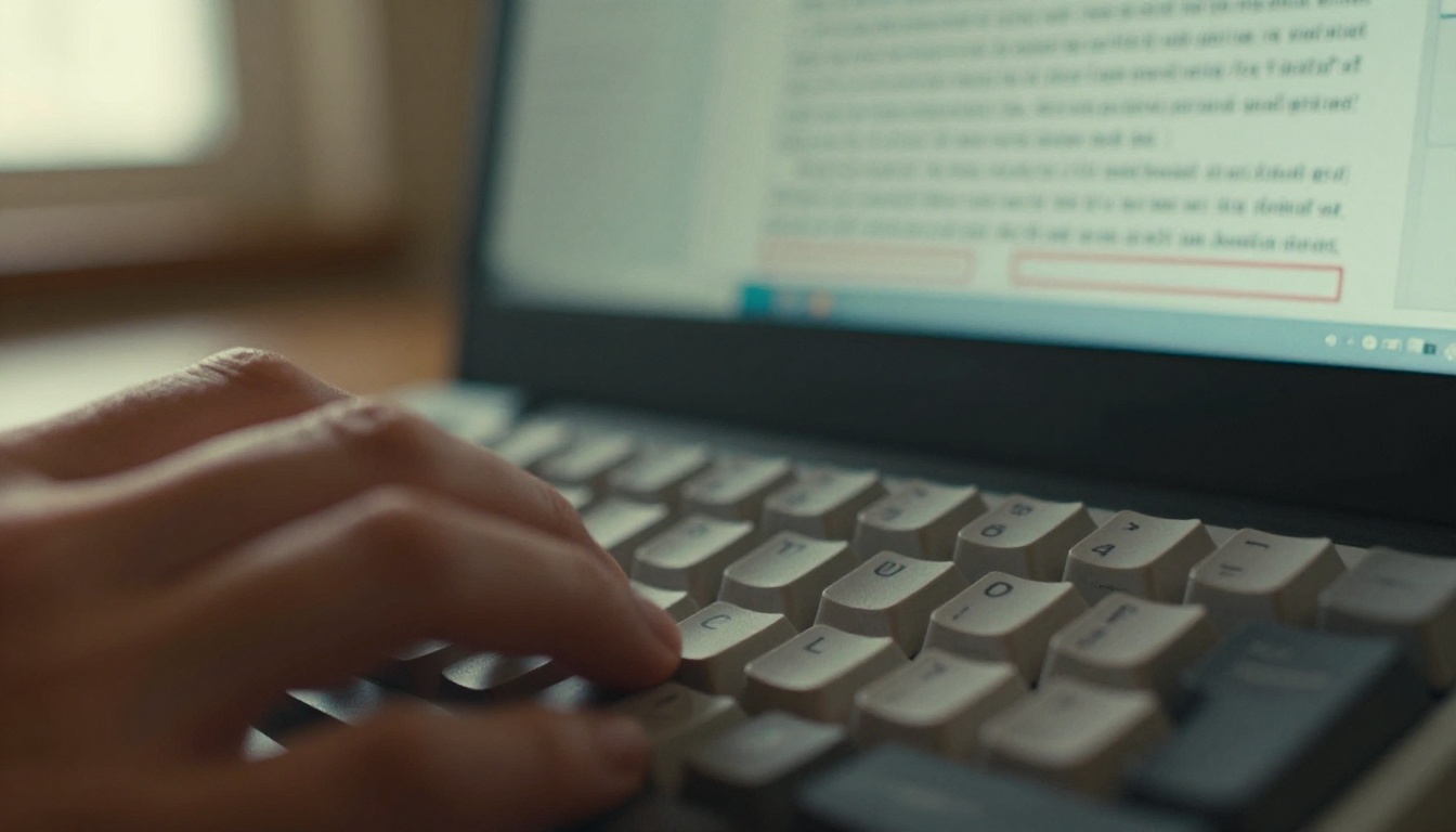 Macro close-up of mechanical keyboard keys mid-keystroke with dense text document visible on blurred screen Macro close-up of mechanical keyboard keys mid-keystroke with dense text document visible on blurred screen