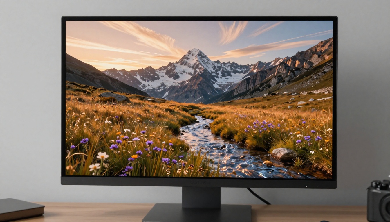 Photorealistic AI-generated alpine landscape displayed on a photography studio monitor