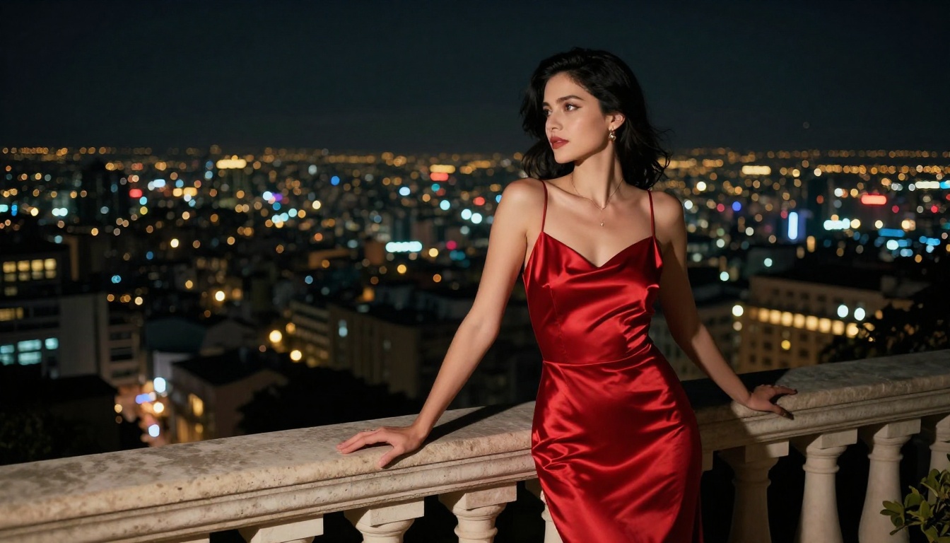 Elegant woman in red silk evening gown on hotel balcony with city lights below