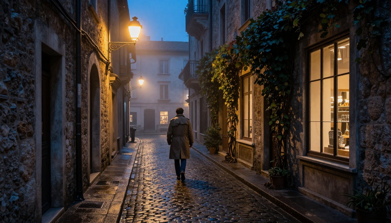 Photorealistic AI-generated image of a cobblestone alley in a European city at blue hour