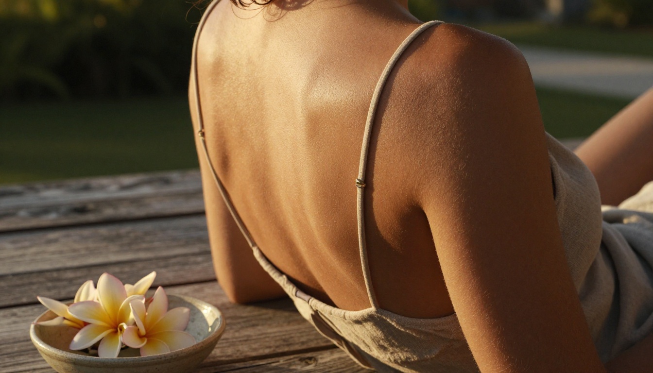 Sensual close-up of tanned woman's back and shoulder with warm afternoon raking light