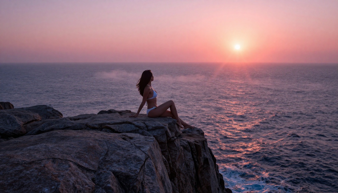 Woman in white bikini seated on rocky sea cliff at sunrise with lens flare and morning mist