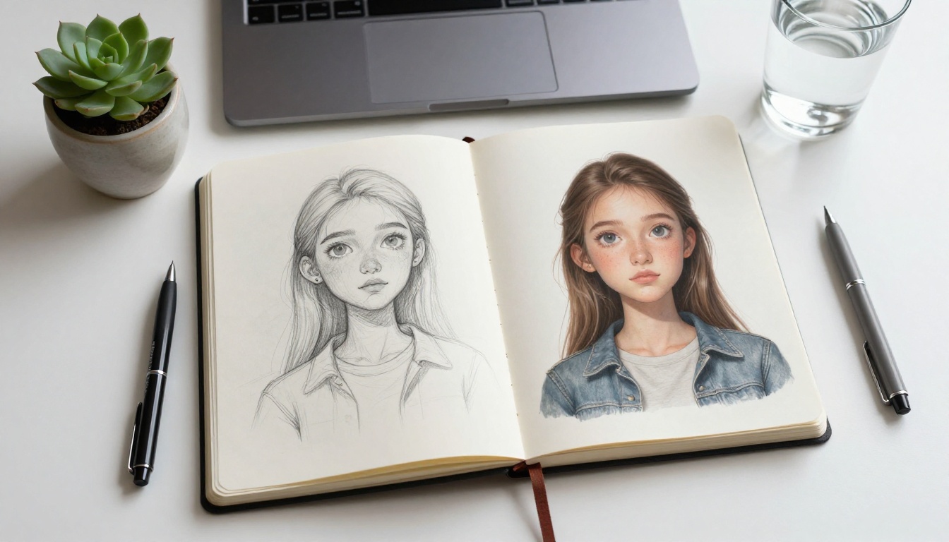 An open sketchbook showing hand-drawn character concepts alongside a printed AI-generated version of the same character