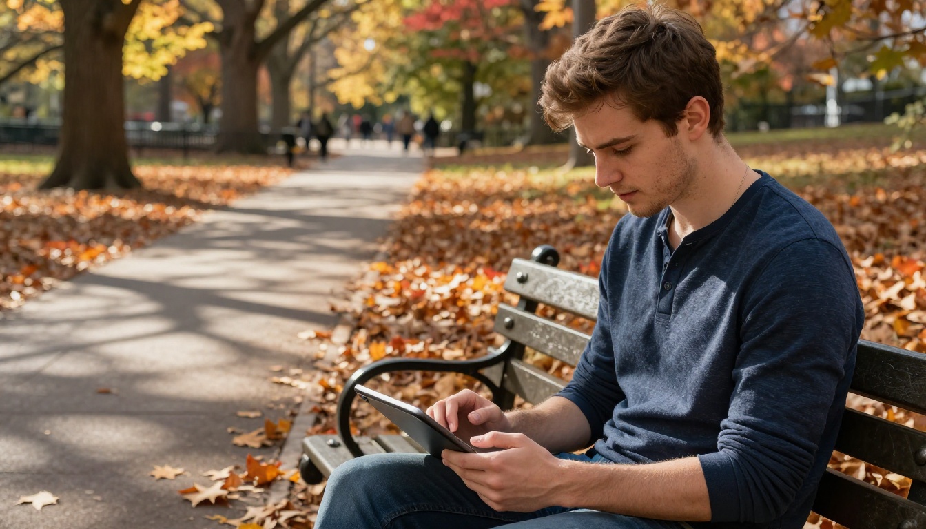 Person in Central Park reviewing AI-generated artwork on tablet amid autumn leaves Person in Central Park reviewing AI-generated artwork on tablet amid autumn leaves