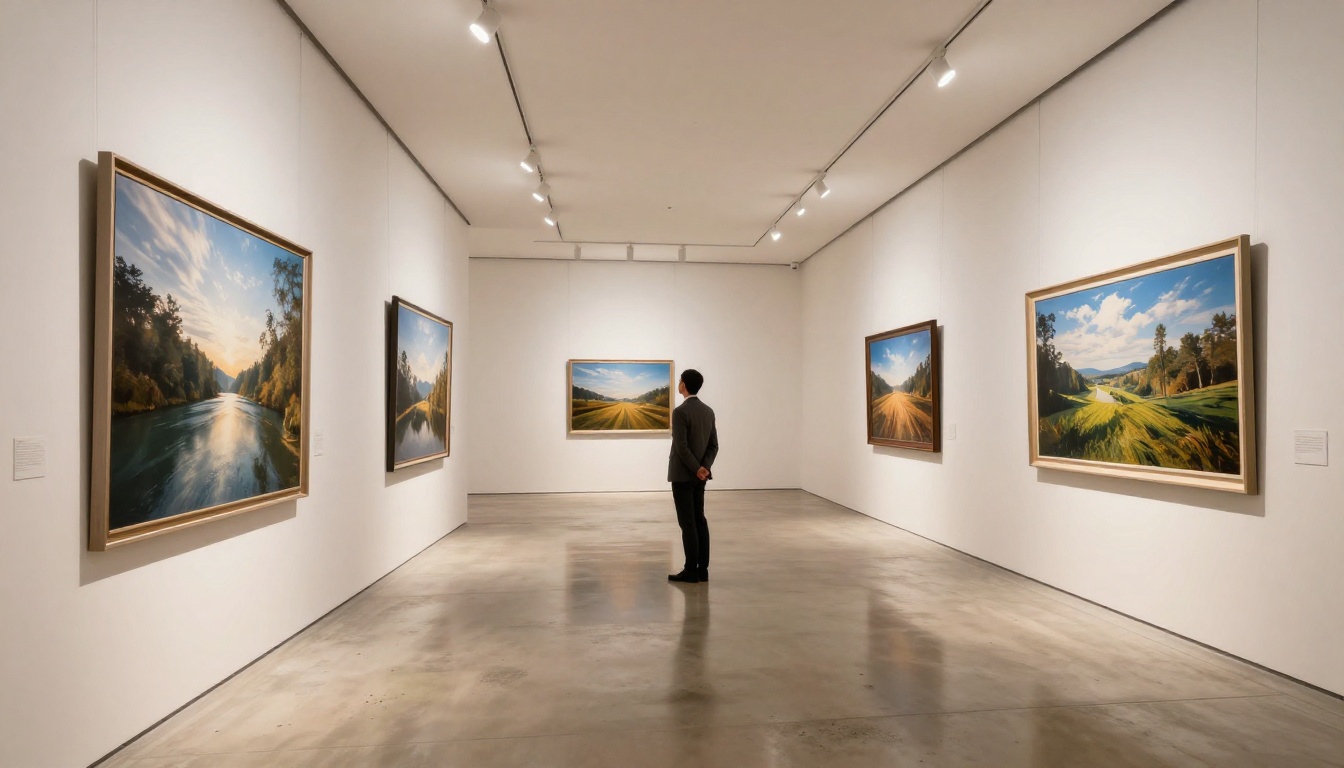Modern art gallery with large-format AI prints on white walls Modern art gallery with large-format AI prints on white walls