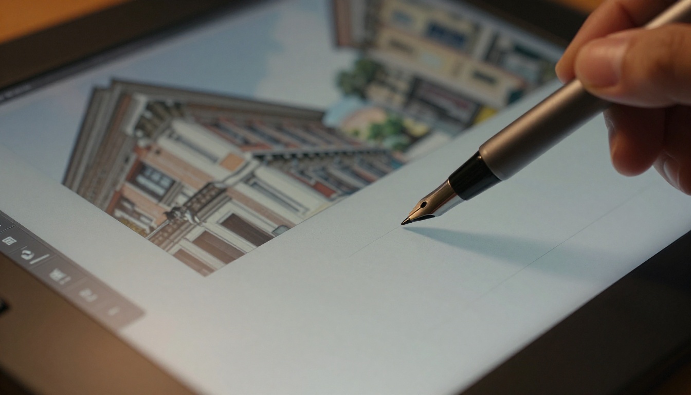 Macro close-up of a stylus pen resting on a Wacom drawing tablet surface with an AI-generated architectural image visible in soft bokeh behind