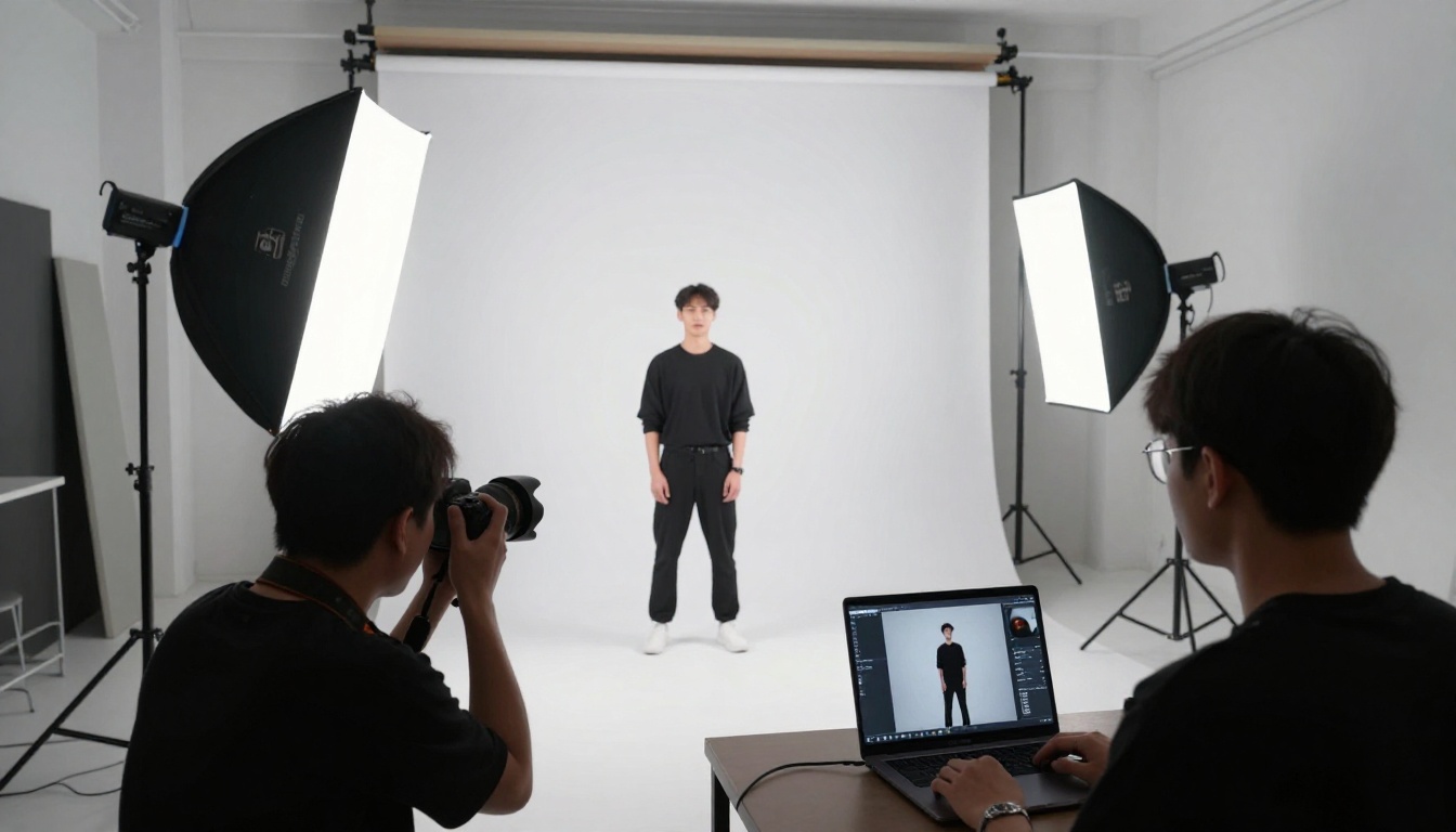 Wide-angle view of a professional photography studio with white seamless backdrop, strobe lighting rigs, and a team reviewing tethered laptop results together