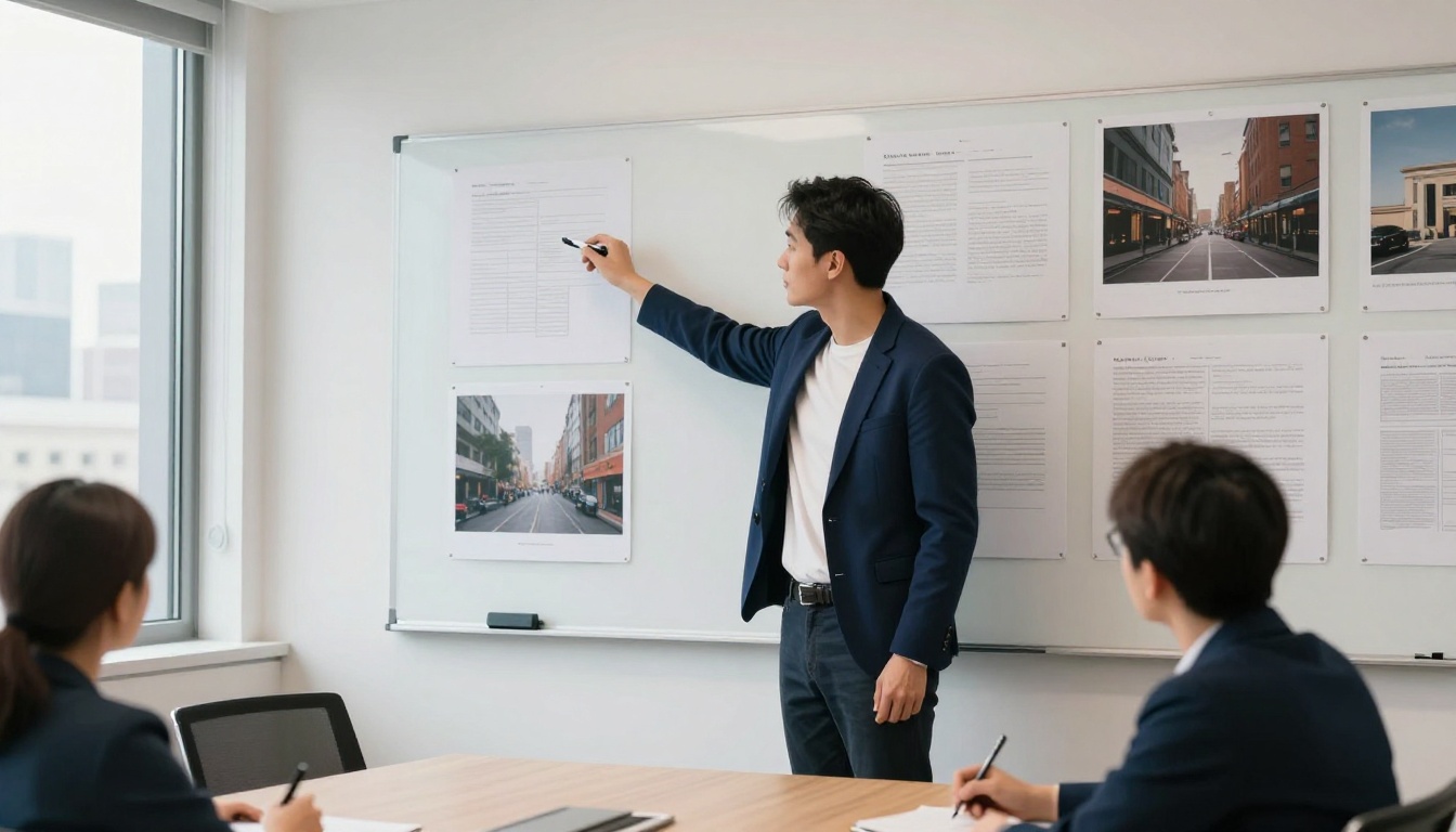Creative director in a navy blazer presenting printed AI-generated images on a presentation board to a small team at a conference table with city views behind