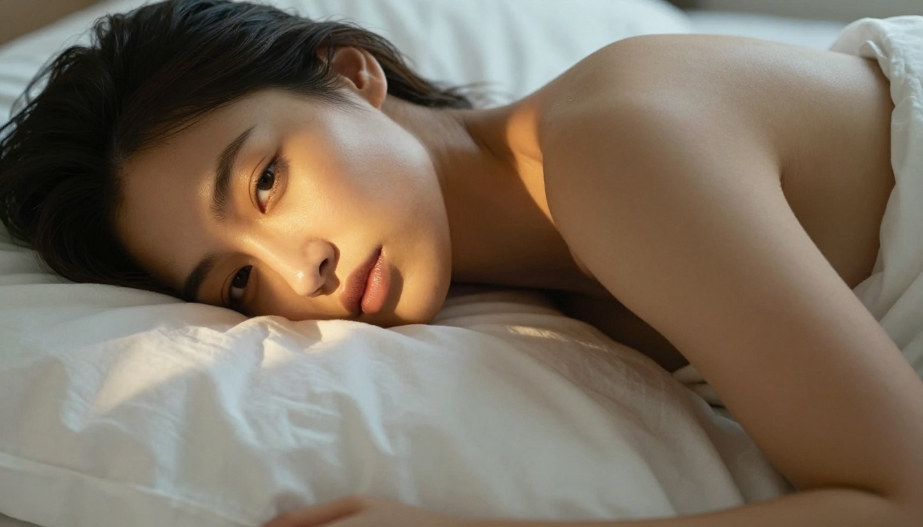 Sensual portrait of woman on white linen sheets in early morning directional window light Sensual portrait of woman on white linen sheets in early morning directional window light
