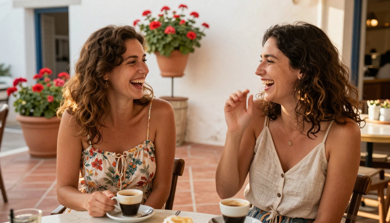 Two women laughing candidly at a sunny Mediterranean terrace café with terracotta tiles Two women laughing candidly at a sunny Mediterranean terrace café with terracotta tiles