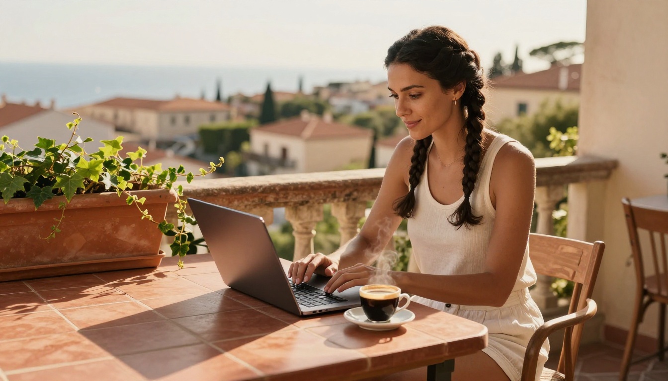 Confident woman with braided hair working on a laptop on a sun-drenched terracotta tile balcony Confident woman with braided hair working on a laptop on a sun-drenched terracotta tile balcony