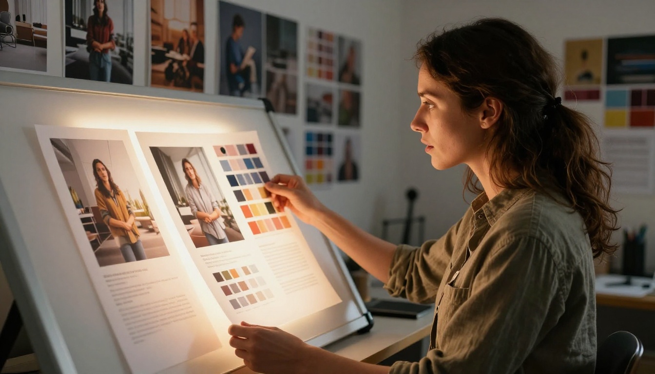 Creative director woman reviewing printed AI-generated images on a light table, studio wall covered in mood boards and color reference prints Creative director woman reviewing printed AI-generated images on a light table, studio wall covered in mood boards and color reference prints