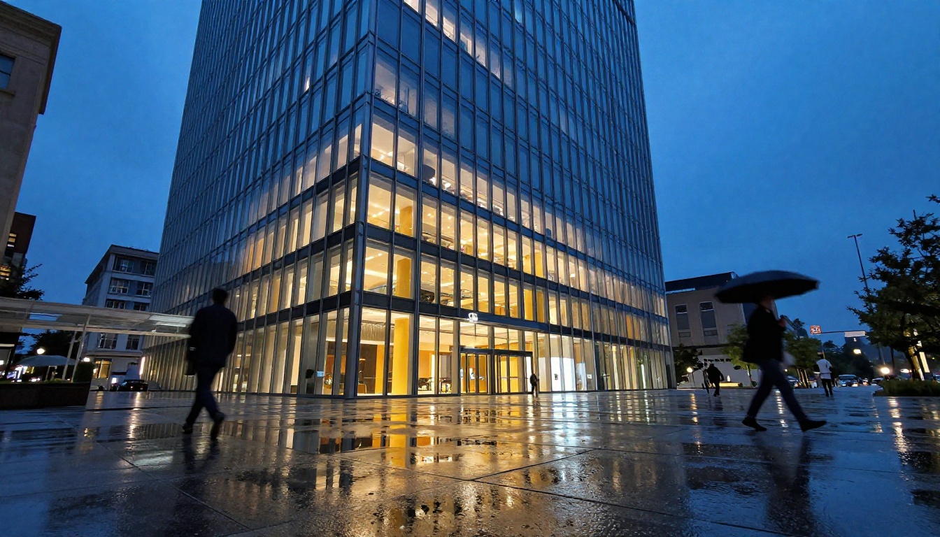 Dramatic low-angle view of a glass and steel building at blue hour, warm amber light through windows, wet plaza with abstract reflections below Dramatic low-angle view of a glass and steel building at blue hour, warm amber light through windows, wet plaza with abstract reflections below