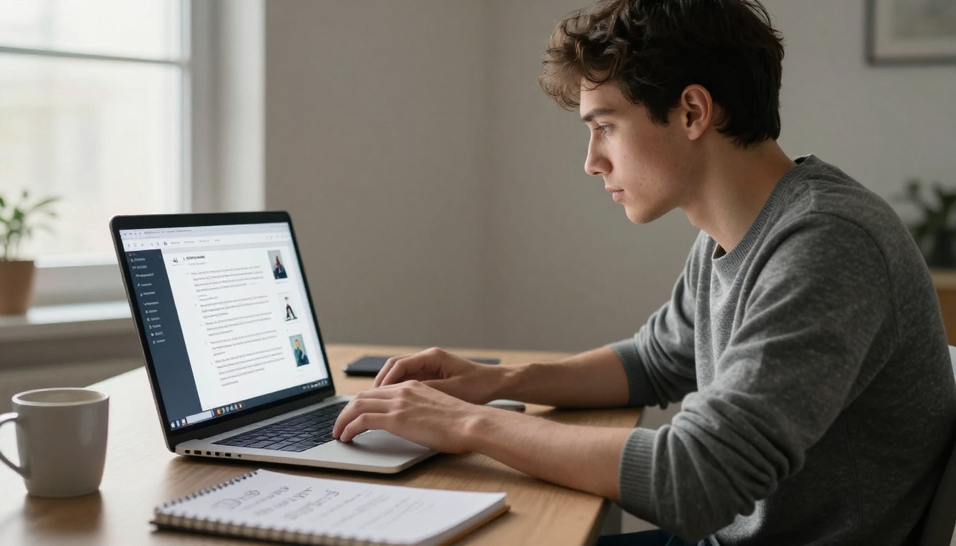 Young man typing AI image prompts into a laptop interface, morning light creating rim effect on his face and shoulders, open notebook with handwritten ideas Young man typing AI image prompts into a laptop interface, morning light creating rim effect on his face and shoulders, open notebook with handwritten ideas