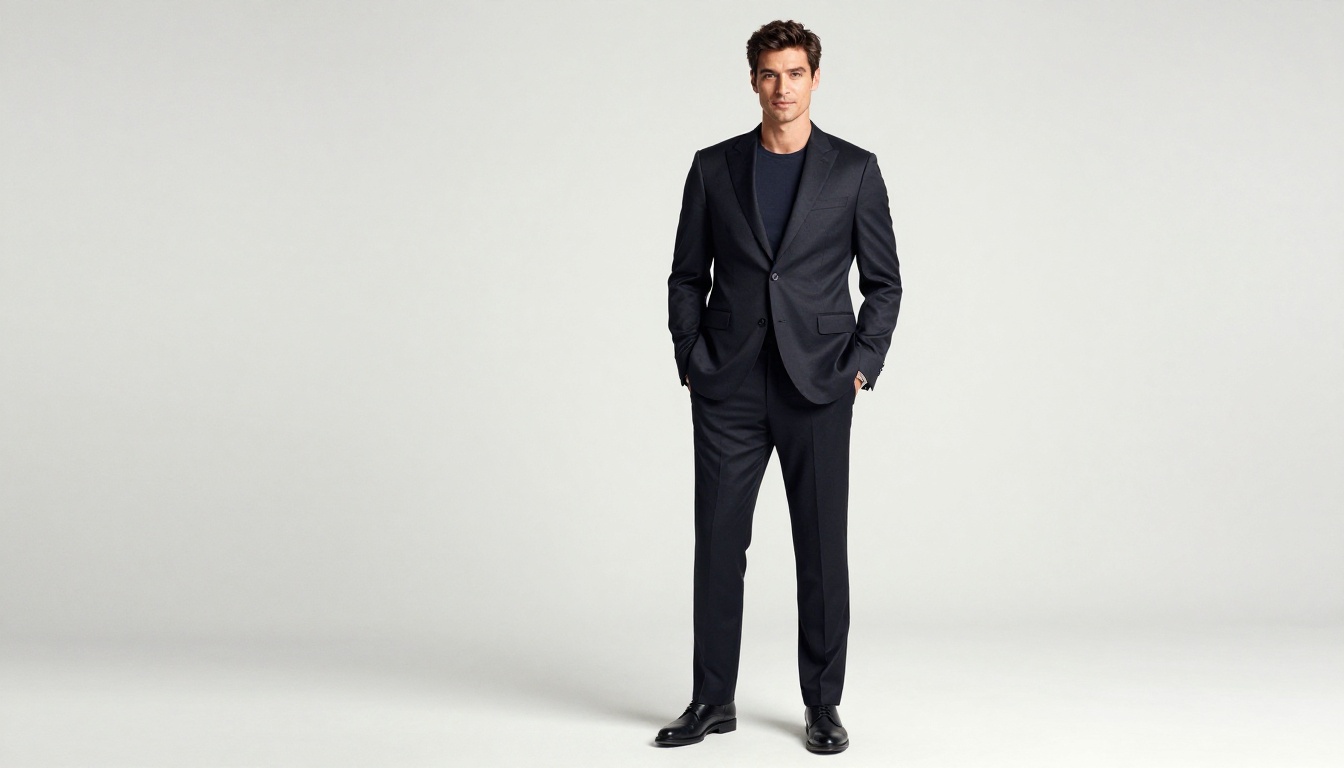 Full-body portrait of a man in a dark suit in a minimalist white studio with three-point lighting Full-body portrait of a man in a dark suit in a minimalist white studio with three-point lighting