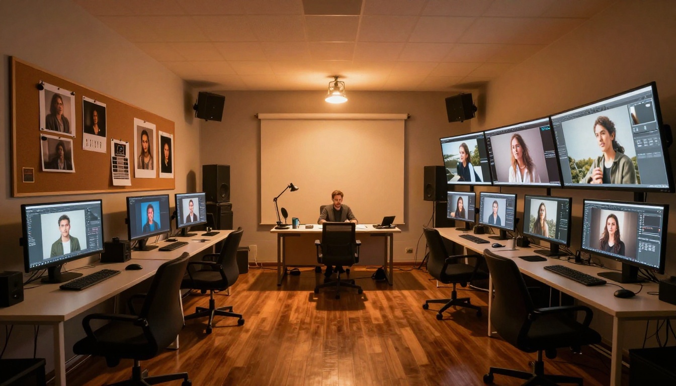 Wide shot of a professional photo editing studio at dusk, multiple curved monitors with AI-generated images, corkboard showing outputs from different models Wide shot of a professional photo editing studio at dusk, multiple curved monitors with AI-generated images, corkboard showing outputs from different models
