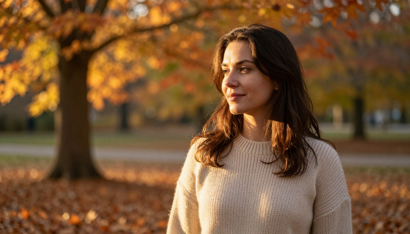 Outdoor golden hour portrait of a woman among autumn leaves with warm bokeh background Outdoor golden hour portrait of a woman among autumn leaves with warm bokeh background