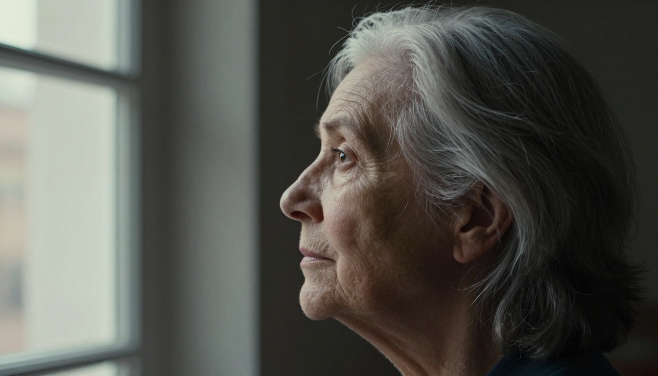 Side profile portrait of an elderly woman with silver hair in dramatic chiaroscuro window light Side profile portrait of an elderly woman with silver hair in dramatic chiaroscuro window light