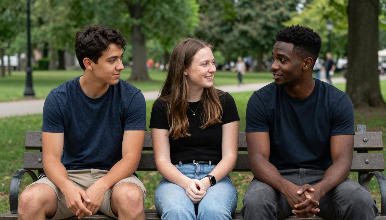Group portrait of three friends on a park bench in soft overcast natural light showing diverse skin tones Group portrait of three friends on a park bench in soft overcast natural light showing diverse skin tones