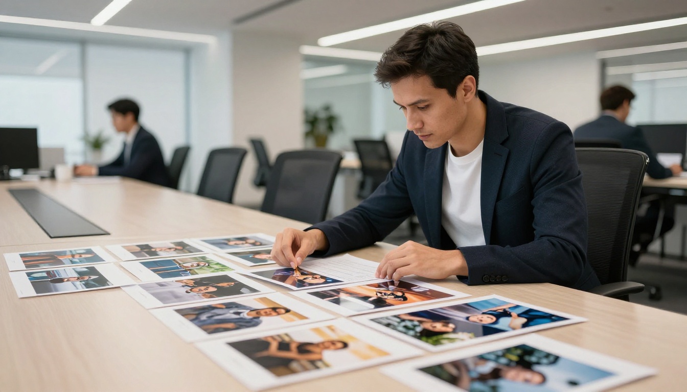 Man reviewing AI-generated printed outputs at a bright modern office desk Man reviewing AI-generated printed outputs at a bright modern office desk