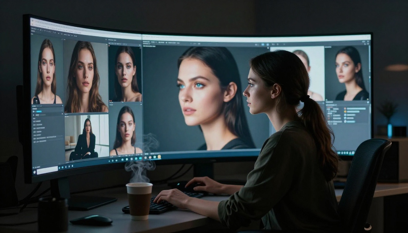 Creative director working late on a curved ultrawide monitor in a dim studio Creative director working late on a curved ultrawide monitor in a dim studio