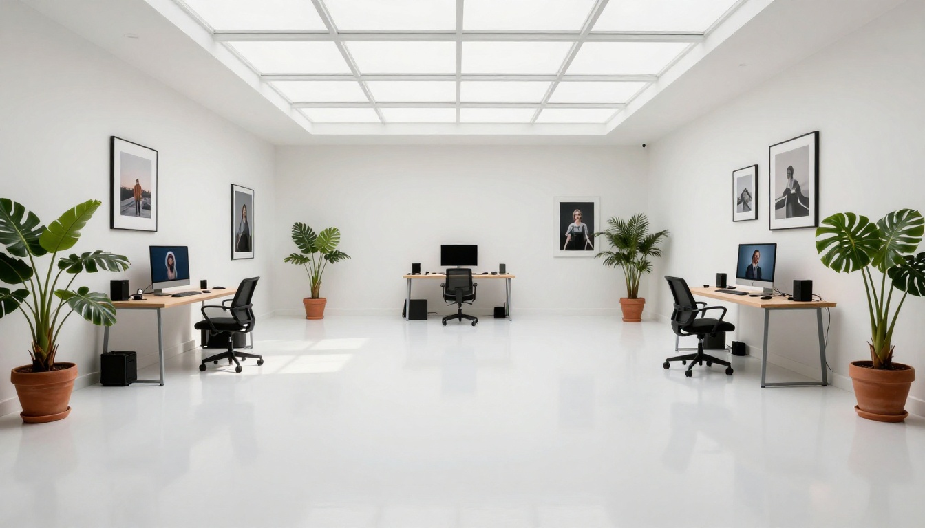 Wide interior shot of a professional AI creative studio with multiple workstations Wide interior shot of a professional AI creative studio with multiple workstations