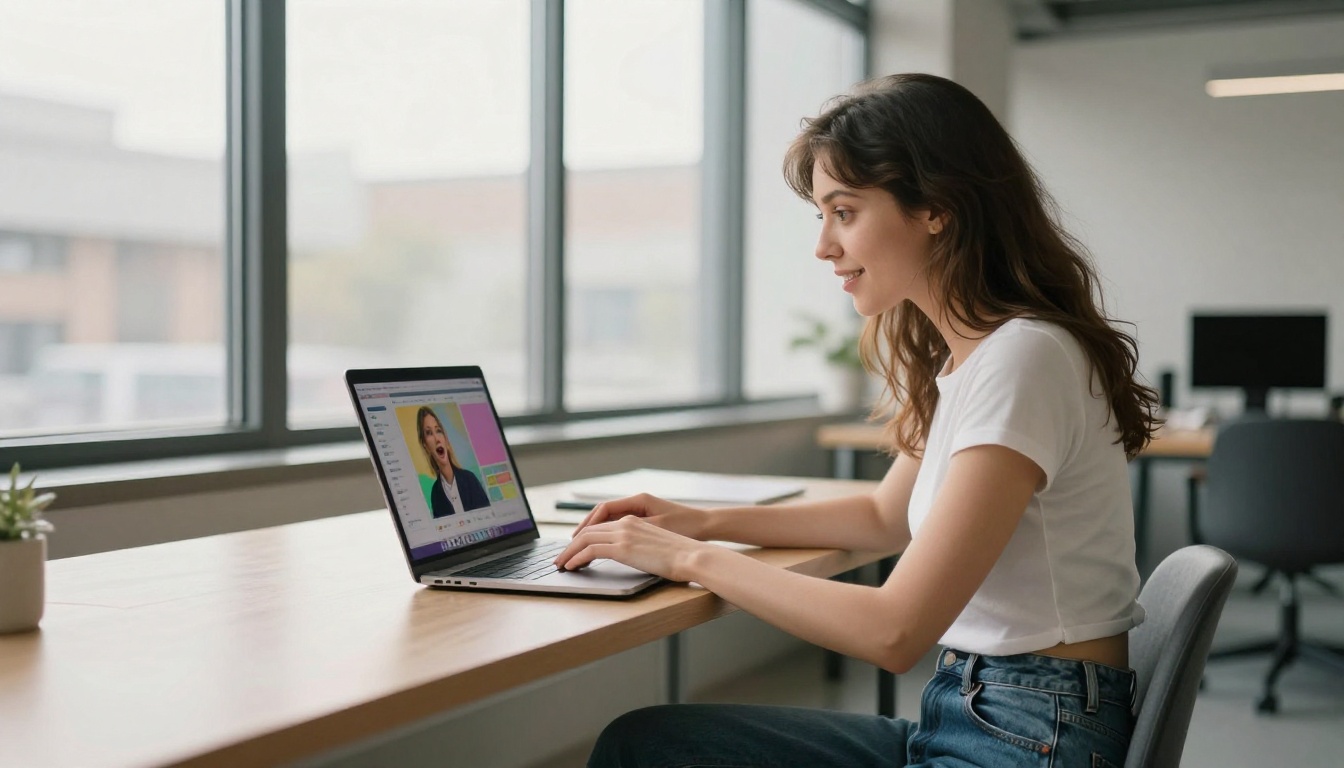Young woman using a laptop at a minimalist co-working space, natural afternoon daylight, 35mm lens, Kodak Portra look