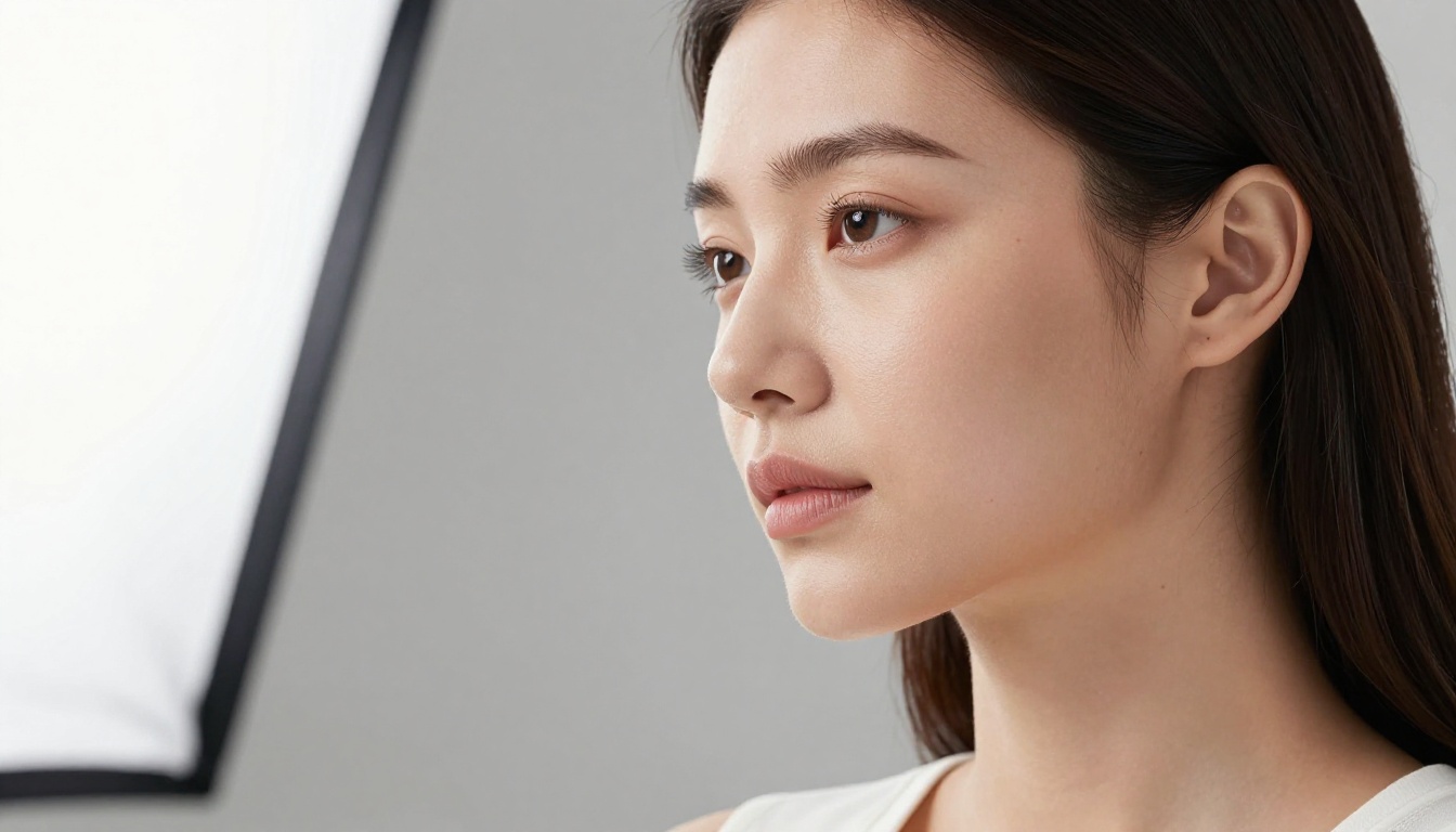 Close-up beauty studio portrait of a woman with flawless skin, octabox lighting, 85mm macro lens, white seamless background Close-up beauty studio portrait of a woman with flawless skin, octabox lighting, 85mm macro lens, white seamless background