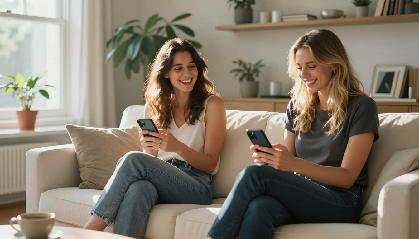 Two women on a cream sofa using phones and laughing, bright apartment, afternoon sunlight through windows, Kodak Portra look Two women on a cream sofa using phones and laughing, bright apartment, afternoon sunlight through windows, Kodak Portra look