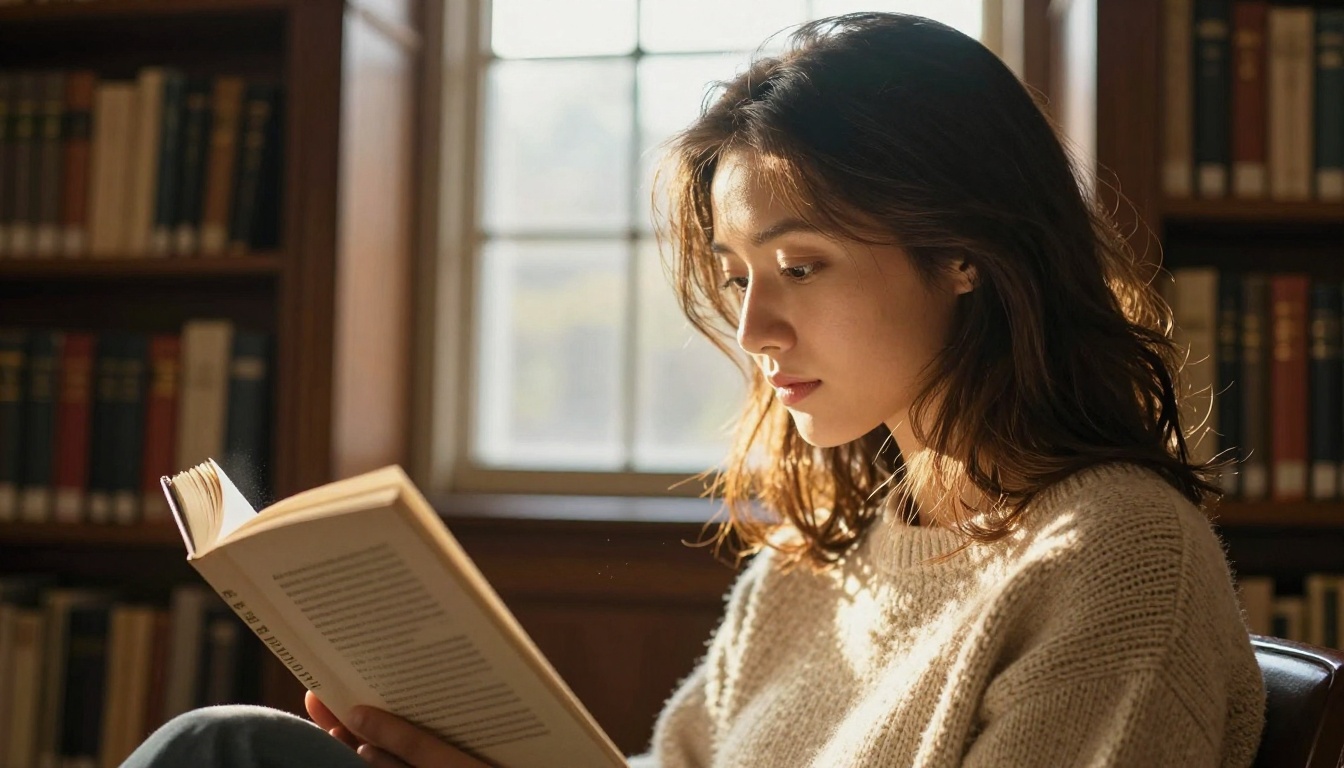 Environmental portrait of woman reading in sun-drenched library Environmental portrait of woman reading in sun-drenched library