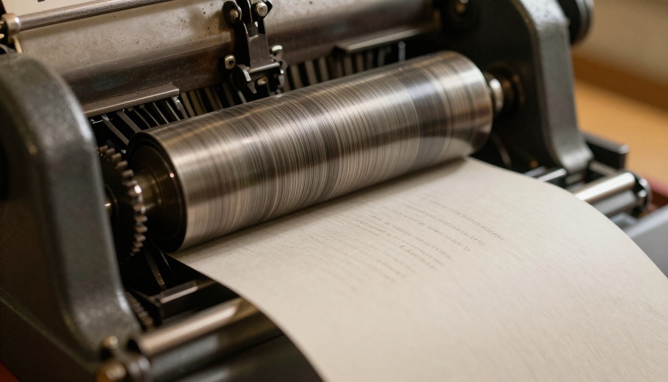 Vintage mechanical printing press in operation showing ink and paper texture Vintage mechanical printing press in operation showing ink and paper texture