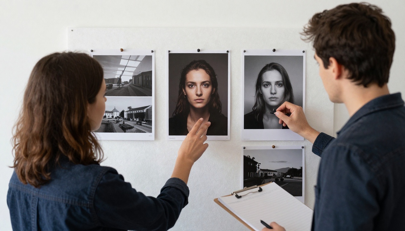 Two professionals comparing color accuracy of printed AI image outputs on foam board Two professionals comparing color accuracy of printed AI image outputs on foam board