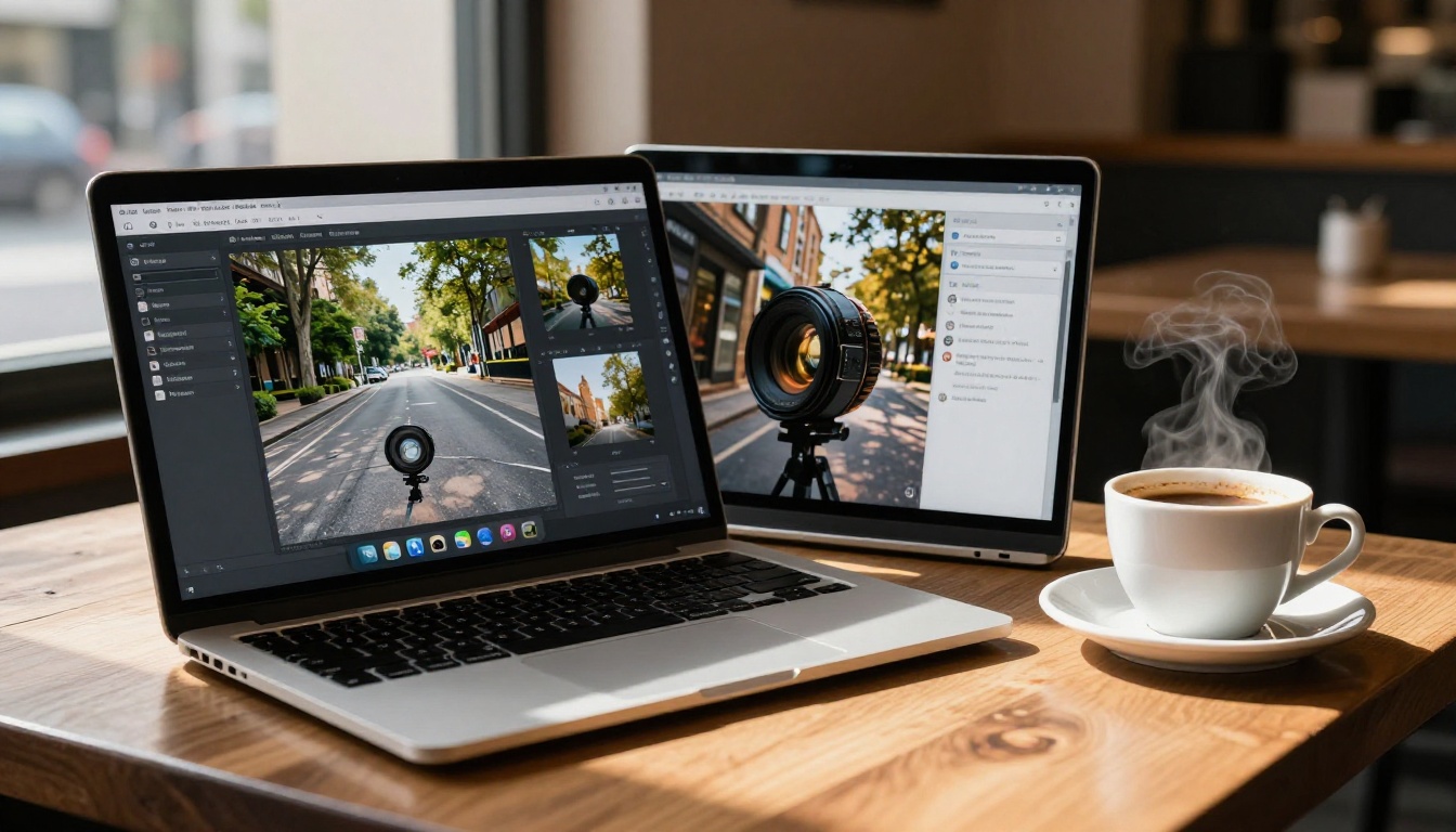 Laptop on cafe table showing side-by-side AI image generation interface comparison Laptop on cafe table showing side-by-side AI image generation interface comparison