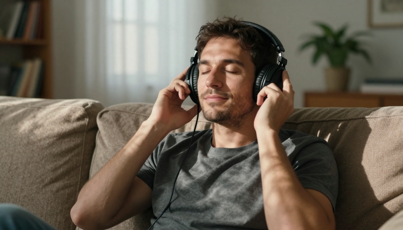 Man sitting cross-legged on a couch with over-ear headphones, eyes closed with a slight smile, experiencing music in a softly lit living room