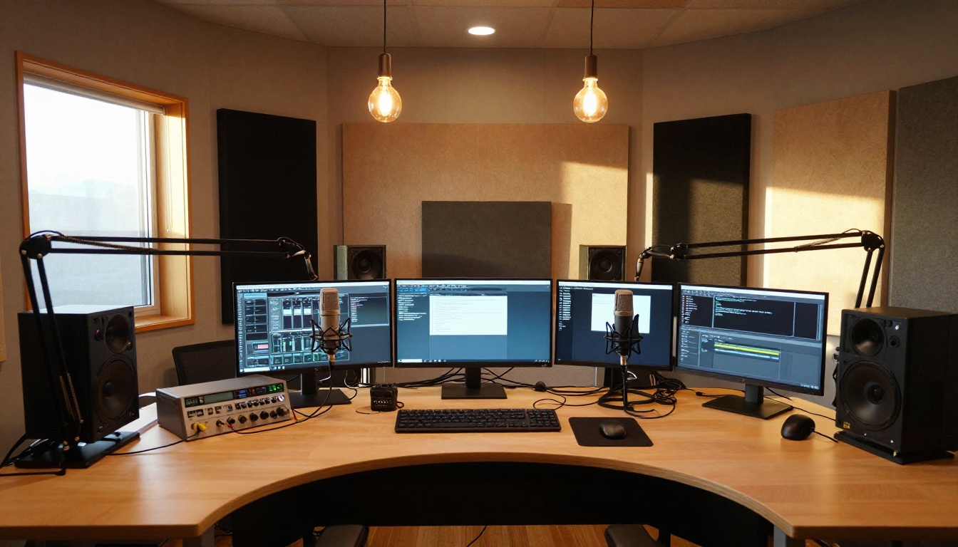 Professional podcast and music studio interior with condenser microphones, acoustic panels, and warm incandescent lighting