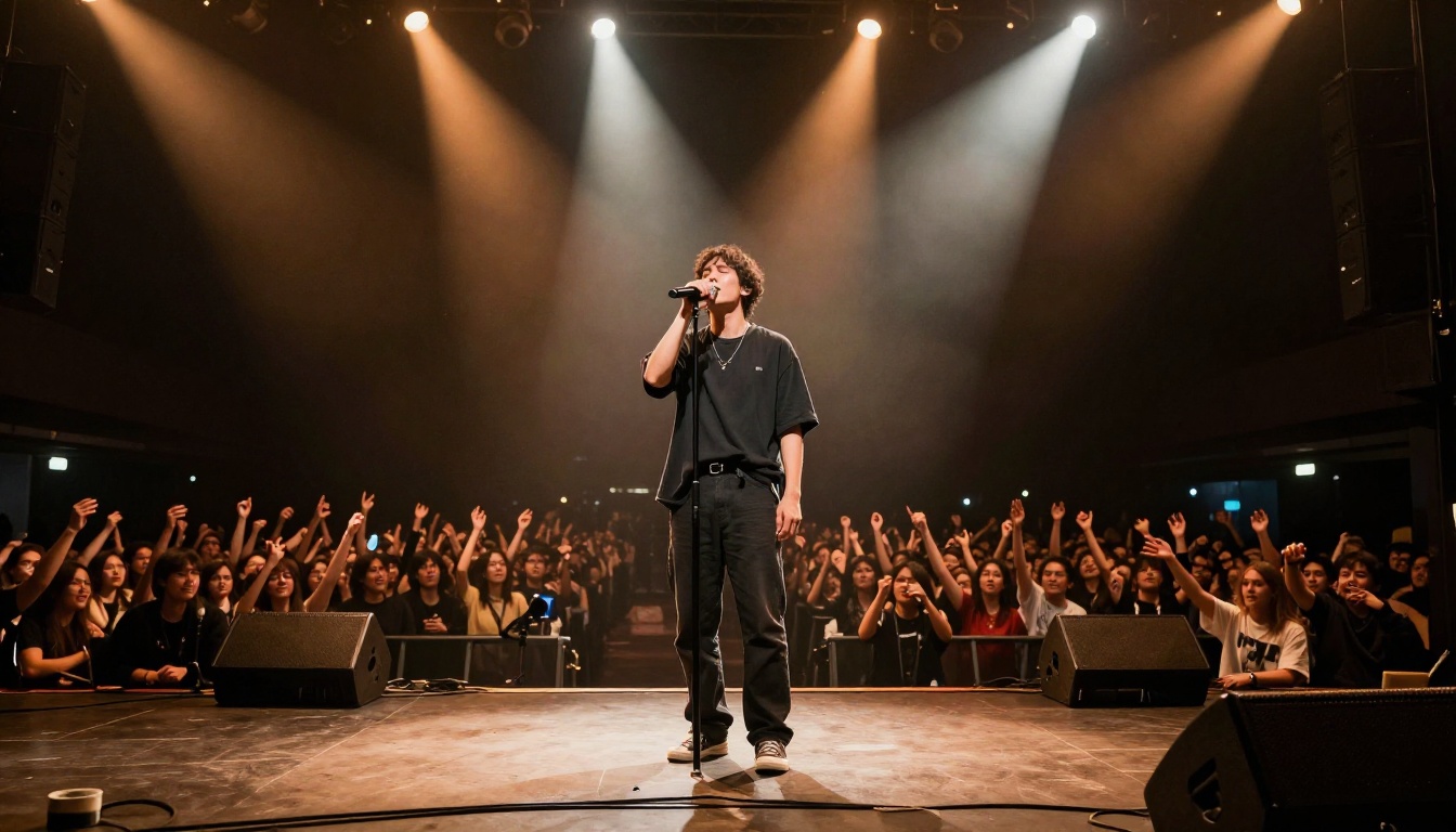 Low-angle shot of a solo artist performing on stage under warm amber and white spotlights with crowd silhouettes in the foreground