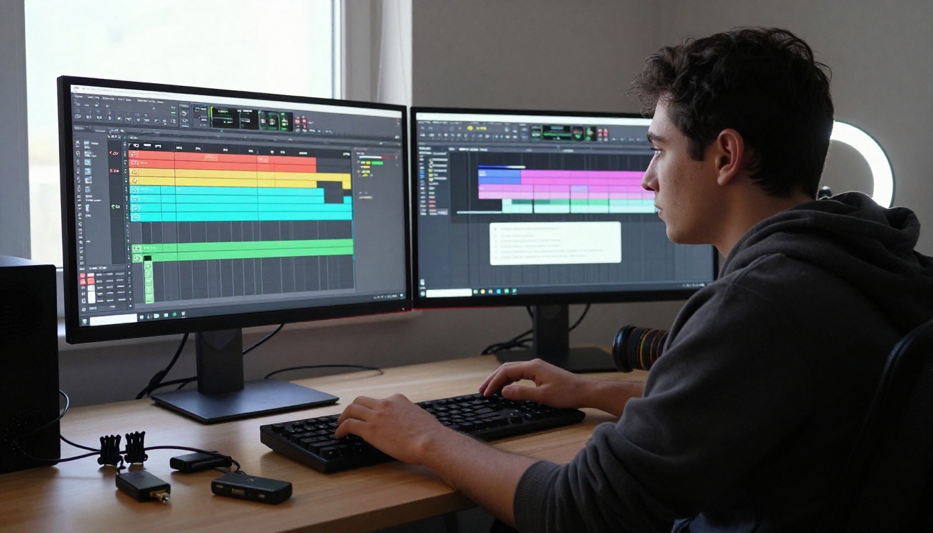 Young music producer at a dual-monitor workstation with DAW timeline and AI prompt interface visible