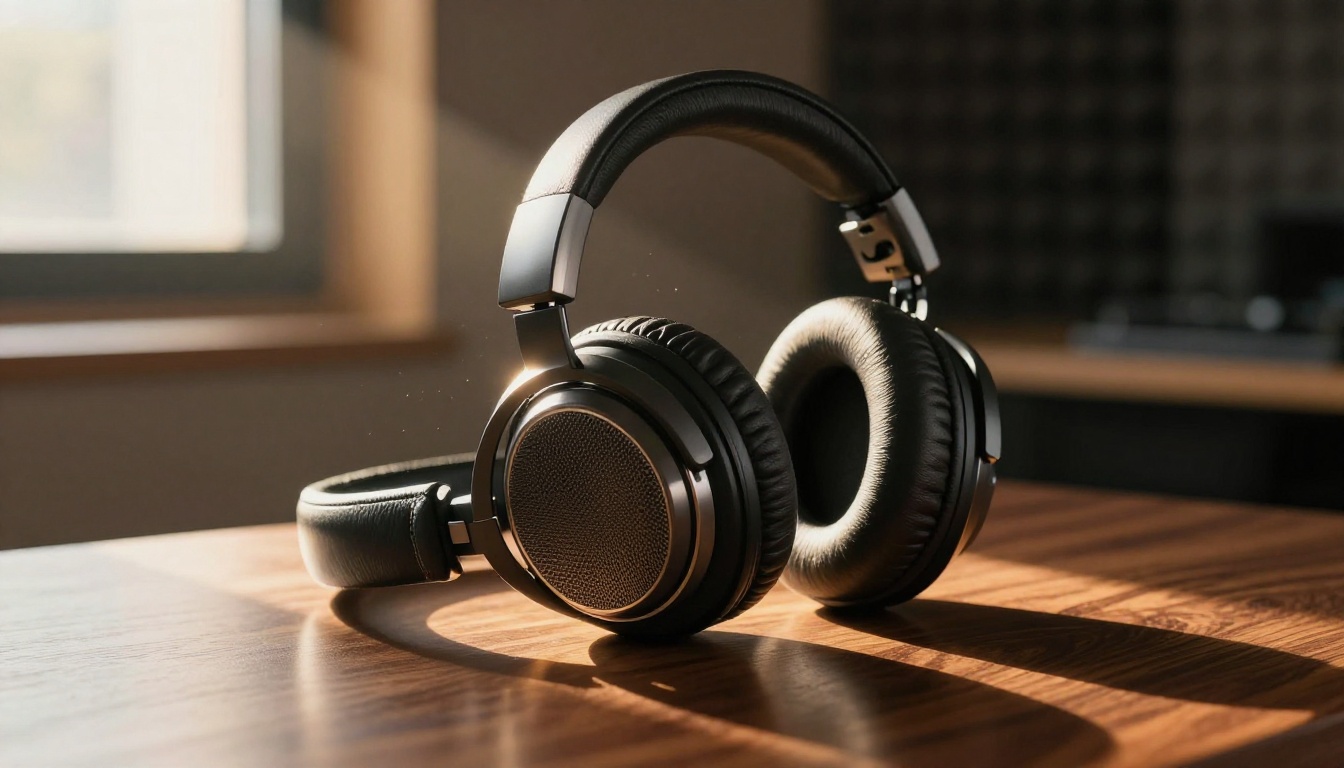 Studio headphones on dark mahogany wood surface Studio headphones on dark mahogany wood surface