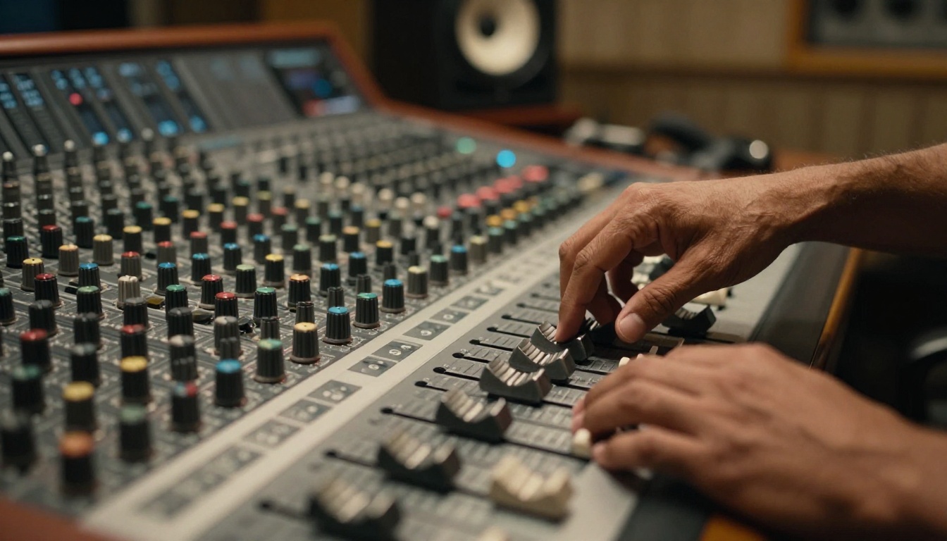Music producer hands on professional mixing console Music producer hands on professional mixing console