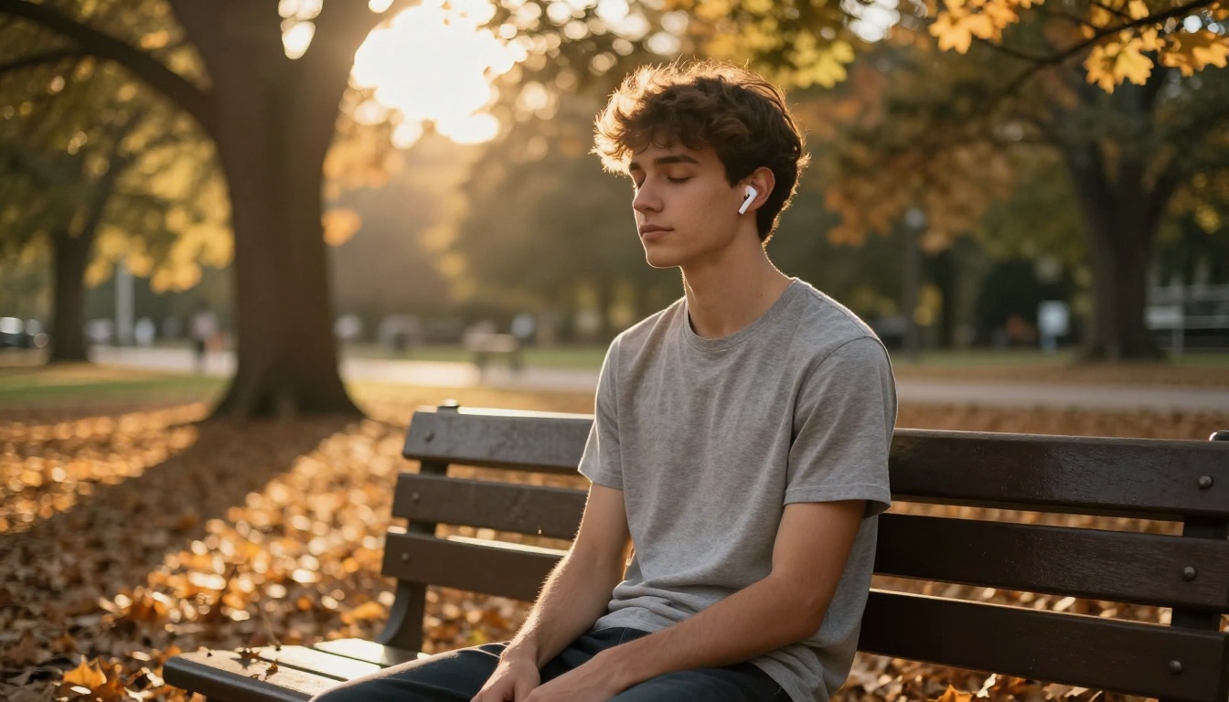 Young man with earbuds on park bench at golden hour Young man with earbuds on park bench at golden hour