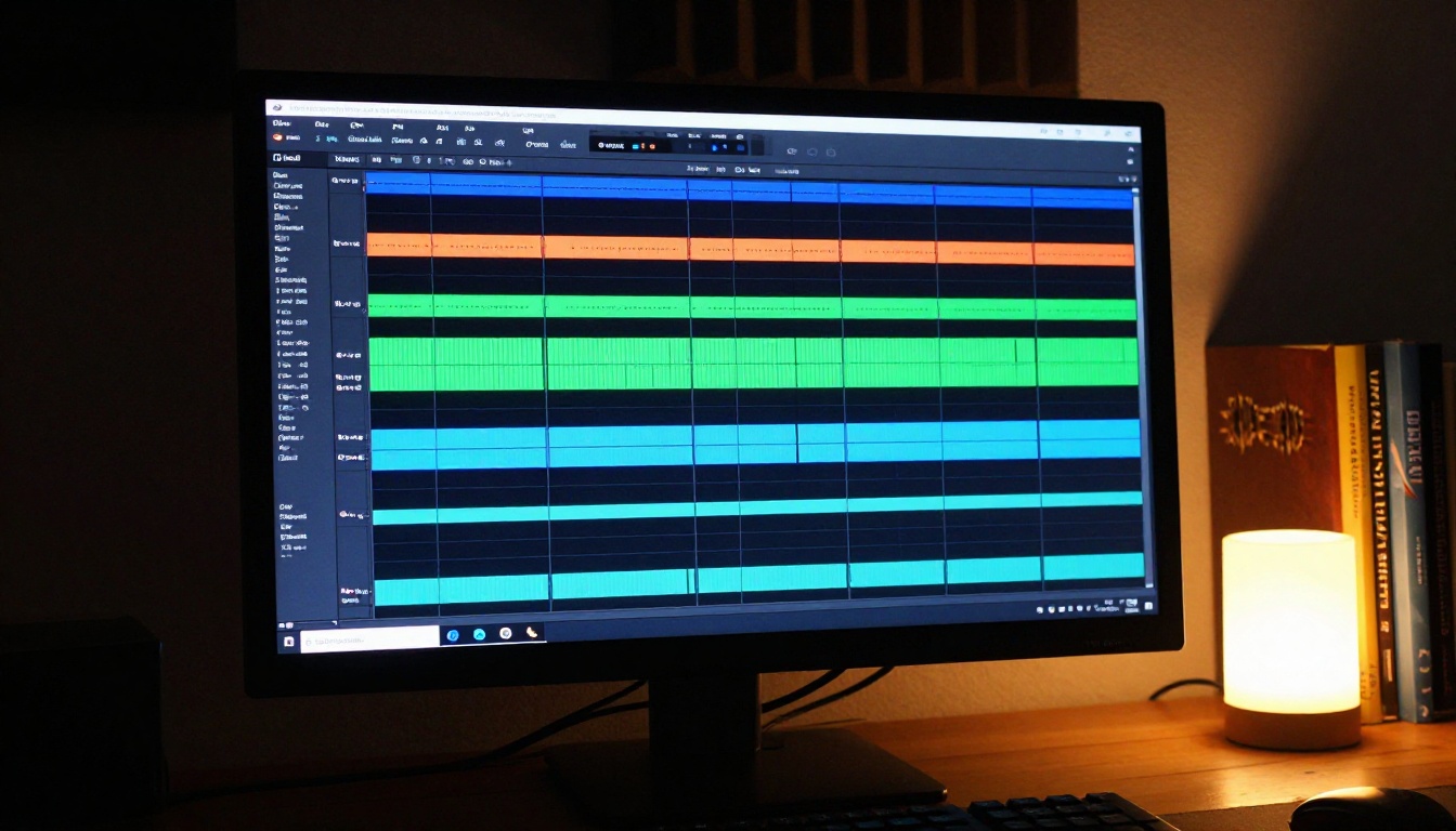 Desktop computer with DAW software and audio tracks Desktop computer with DAW software and audio tracks