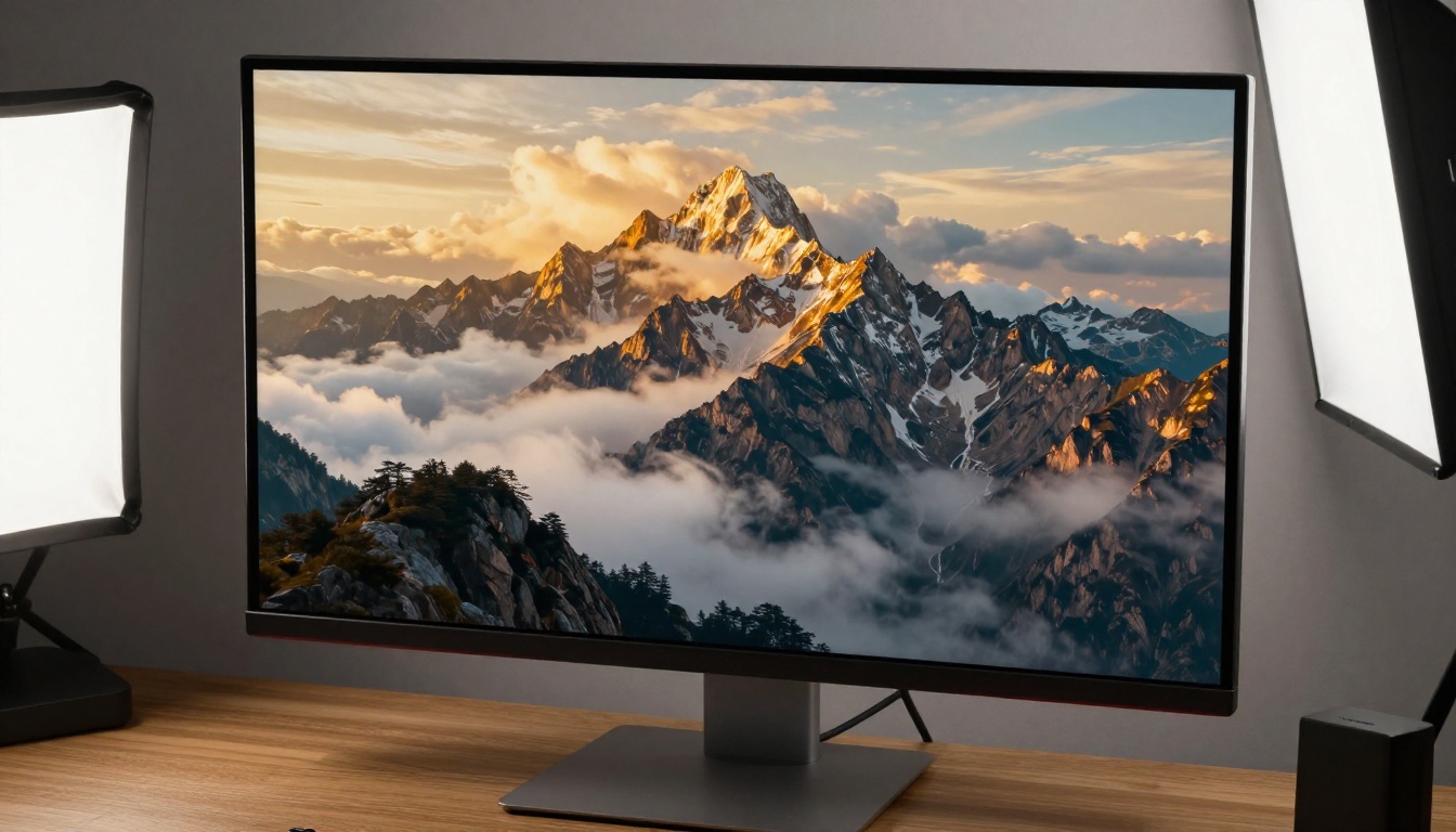 Computer monitor showing high-resolution AI-generated landscape artwork with studio lighting Computer monitor showing high-resolution AI-generated landscape artwork with studio lighting