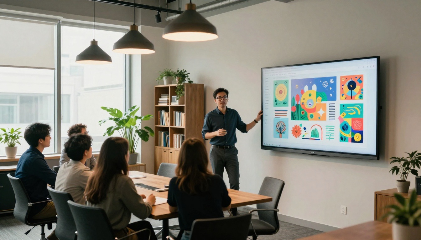 Creative professional presenting AI artwork on large monitor to a client in a modern office Creative professional presenting AI artwork on large monitor to a client in a modern office