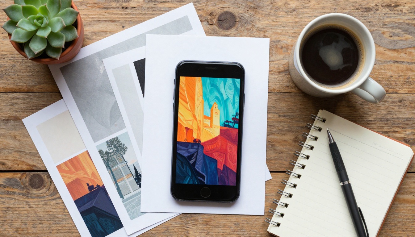 Flat lay overhead shot with smartphone showing AI art, printed samples, coffee, and notebook on wooden desk Flat lay overhead shot with smartphone showing AI art, printed samples, coffee, and notebook on wooden desk