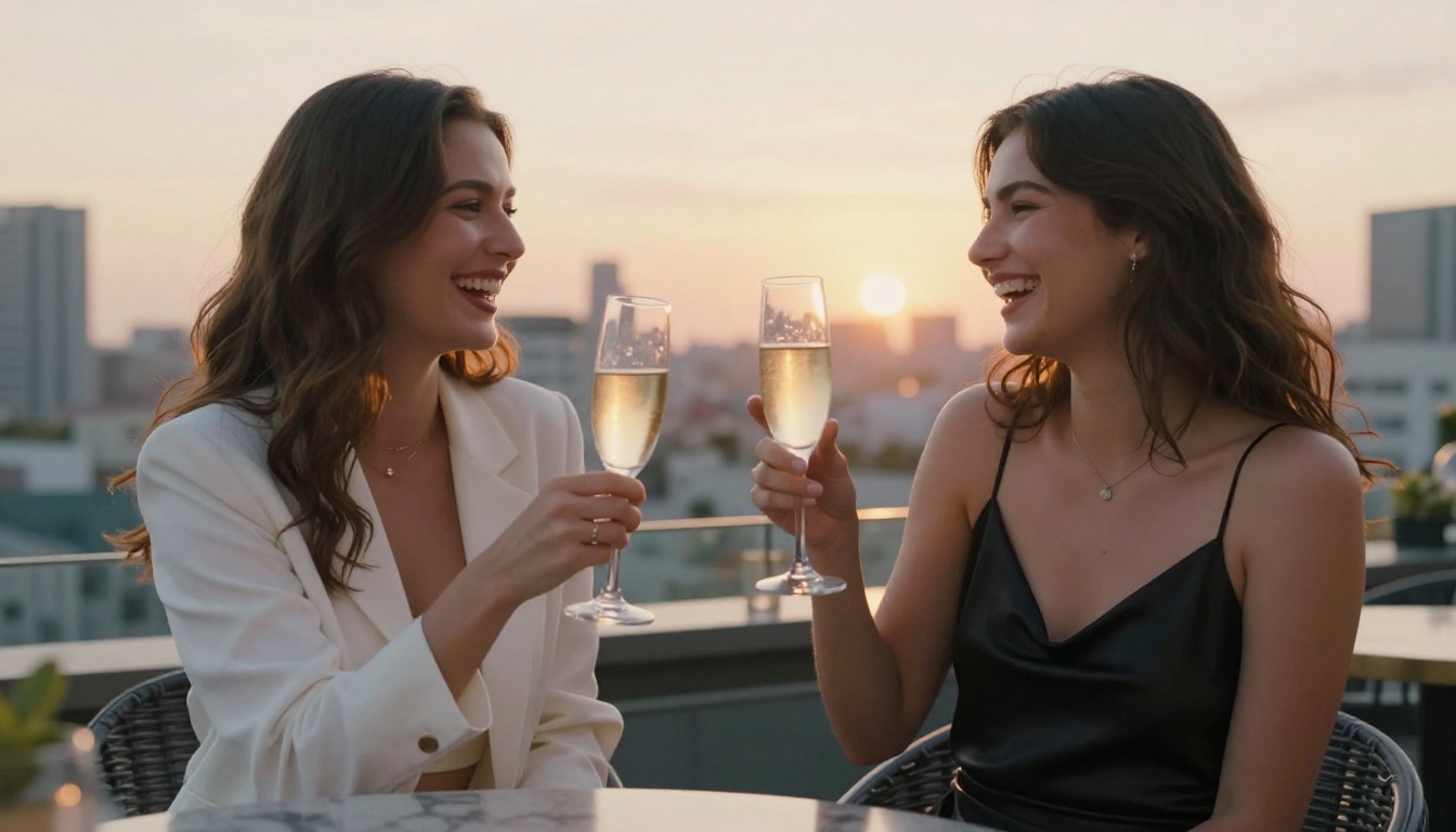 Two women laughing and toasting at rooftop bar Two women laughing and toasting at rooftop bar