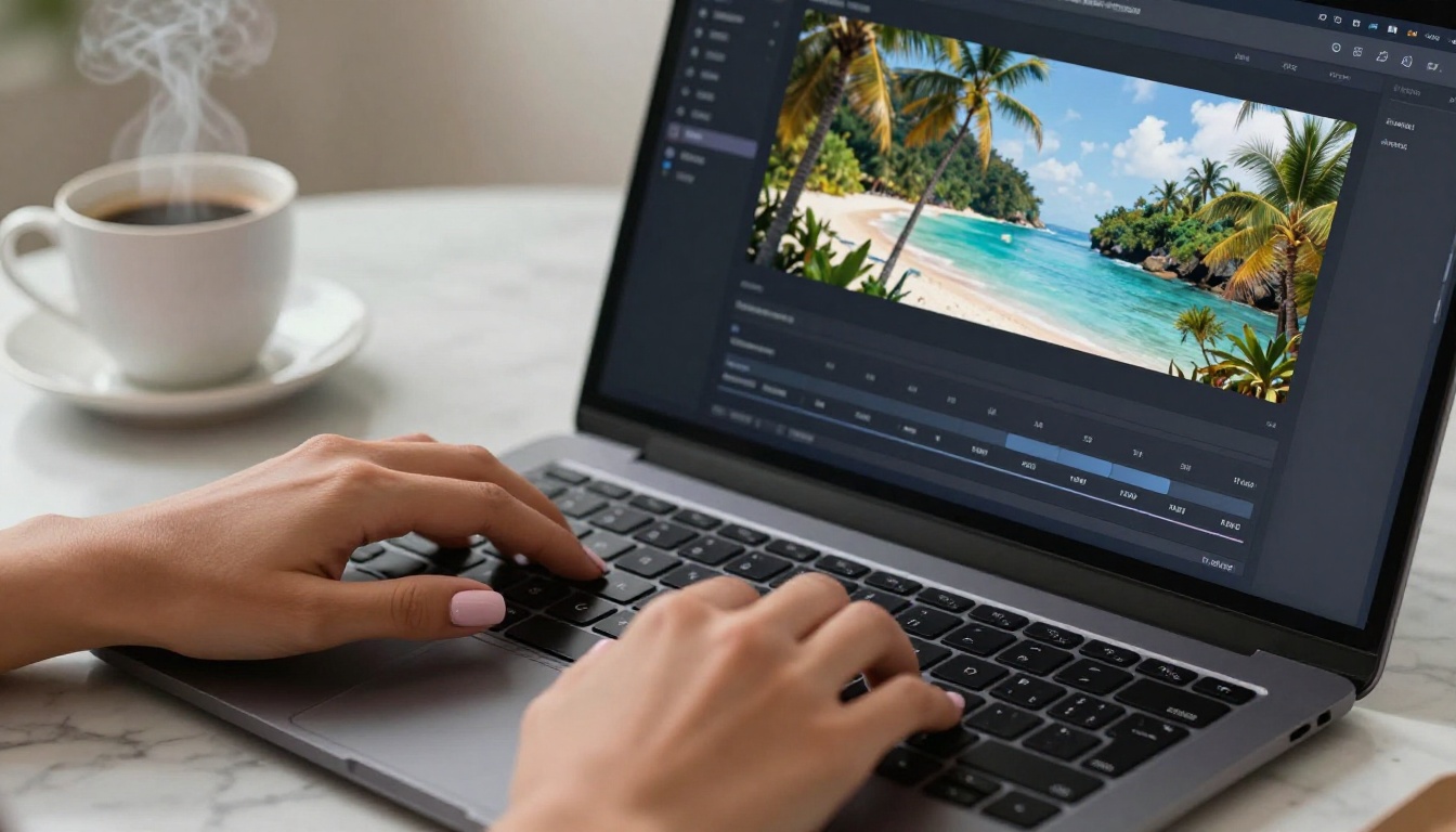 Hands typing on laptop with AI video interface on screen Hands typing on laptop with AI video interface on screen