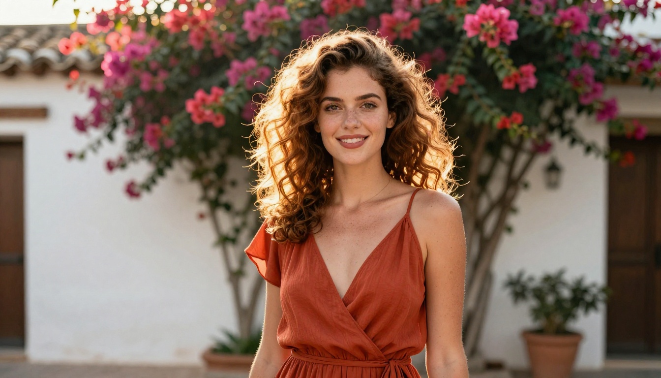 Woman in terracotta wrap dress in bougainvillea courtyard Woman in terracotta wrap dress in bougainvillea courtyard