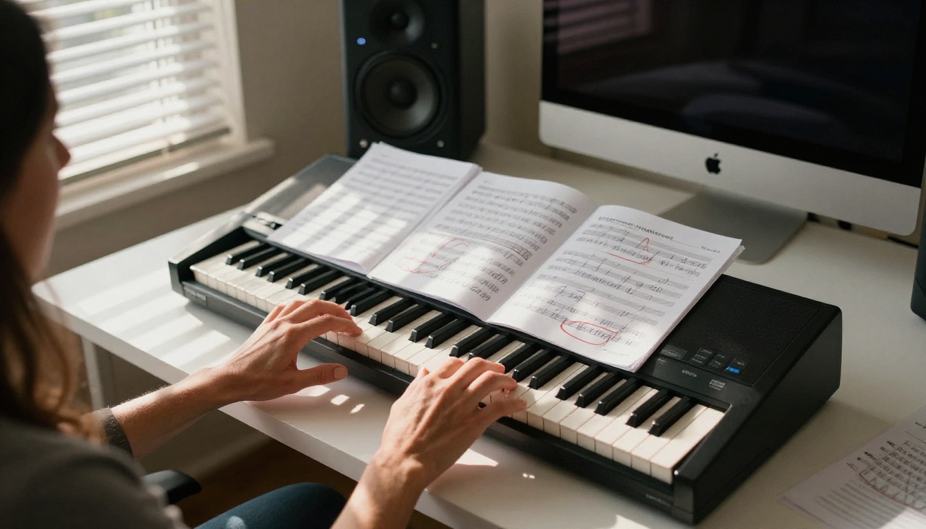 Composer at MIDI keyboard scoring game music