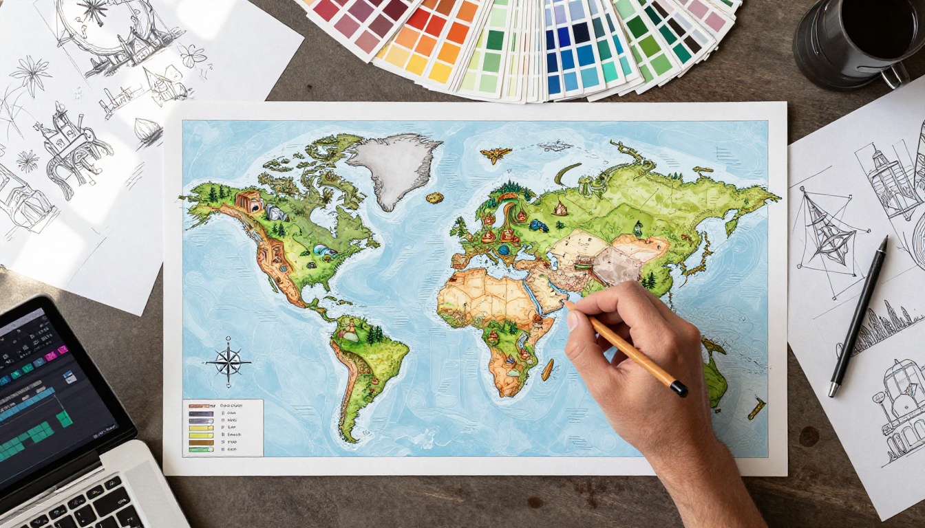 Game world map with audio design notes overhead